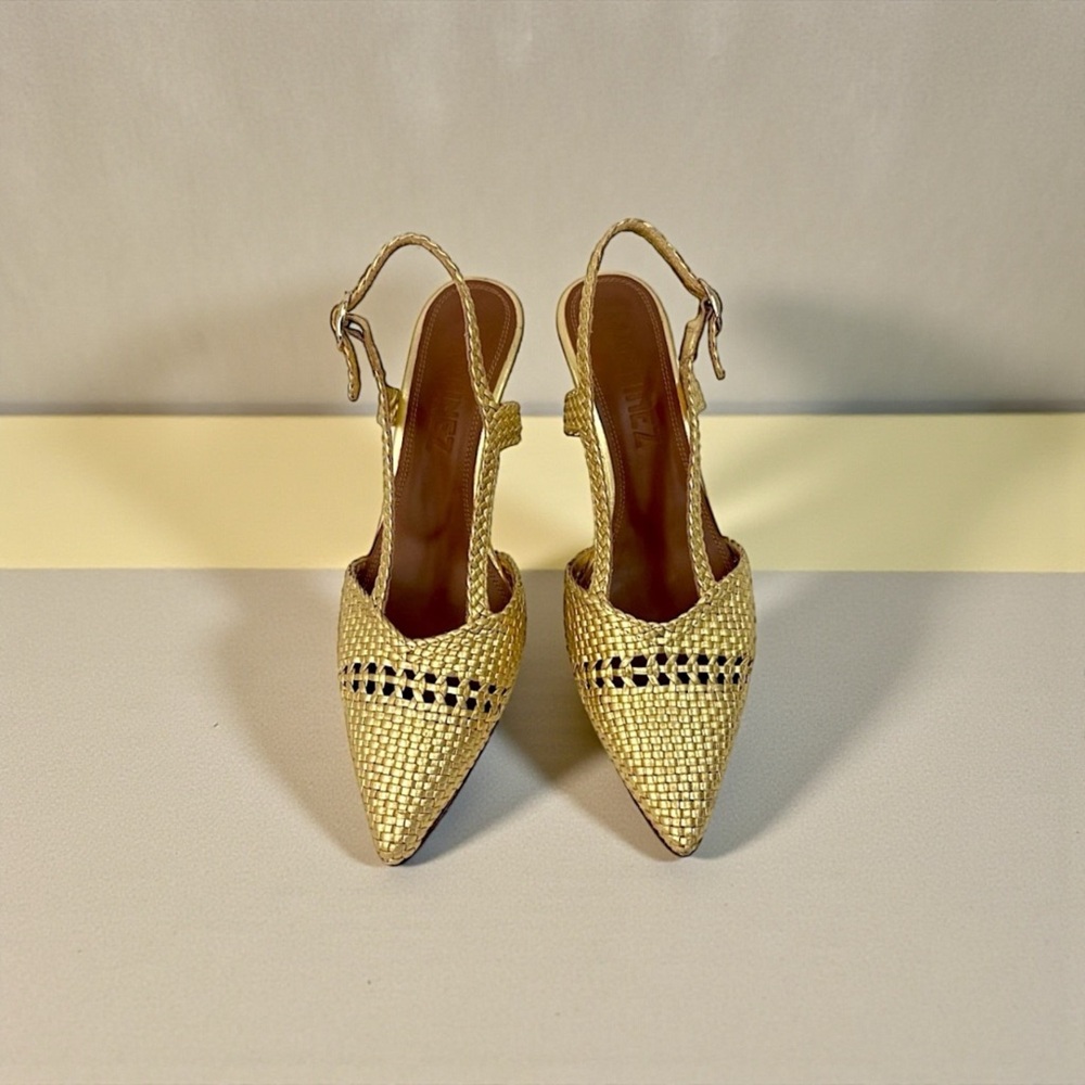 SOULIERS MARTINEZ- Ebro Woven Slingback Metallic Gold Pumps - Picture 9 of 9